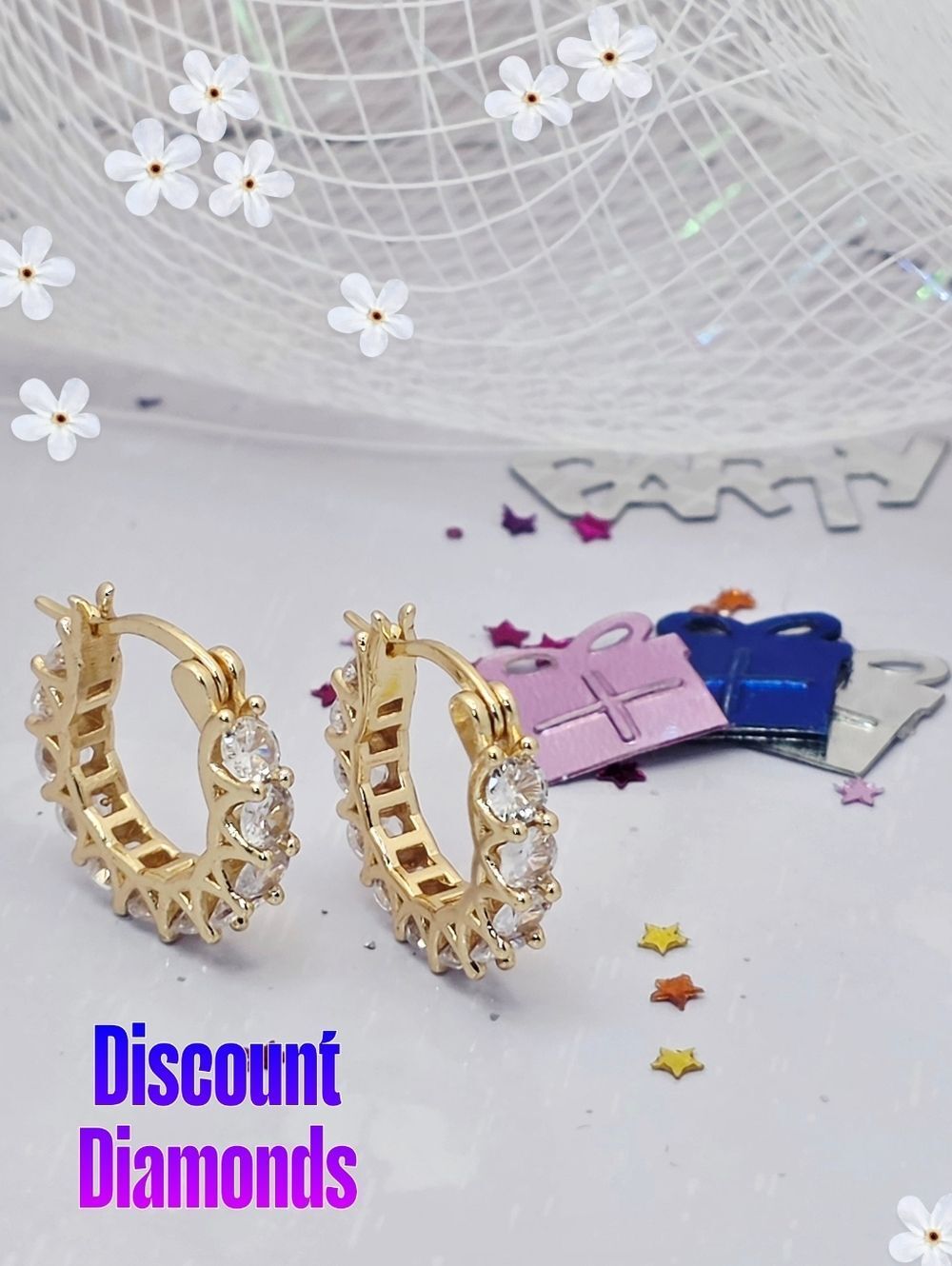 Clear White Diamond Hoop Earrings 18K Gold on 925 Silver